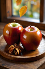 Rote Herbstäpfel auf Holztablett