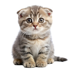 A cute, fluffy scottish fold kitten with big eyes sits attentively, isolated on a transparent background