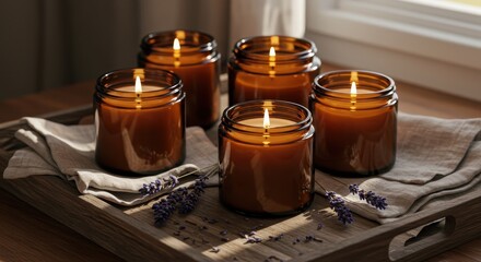 Elegant arrangement of amber glass candles with soft glow and lavender on a wooden tray by a sunlit window
