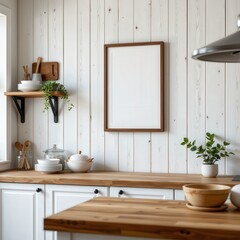 Cozy modern kitchen interior with wooden countertops, open shelving, plants, and minimalist decor in soft lighting