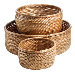A set of three woven wicker baskets in varying sizes, neatly arranged and isolated on a transparent background