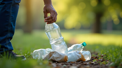 Man hand picking up garbage plastic gathering plastic bottle garbage at the park. World environment day.Environment concept..
