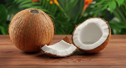 Fresh Coconut with Shell and Meat on Wooden Surface Surrounded by Lush Green Foliage in Bright Tropical Setting Ideal for Culinary and Decorative Use