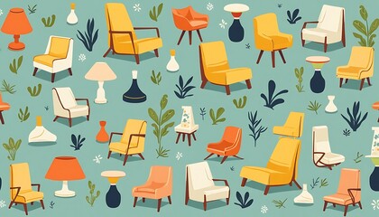 Colorful Mid-century Modern Furniture Pattern with Chairs Tables and Lamps