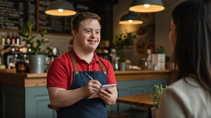 Waiter with Down syndrome taking order in a cafe. A close-up shot of inclusion and positivity. Diverse workforce, special needs employment, disability awareness.