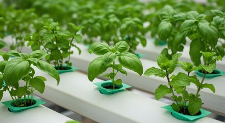 Fresh Green Herbs in Hydroponic Garden Close-up with Basil and Mint Leaves Growing in Modern Indoor Farming Setup