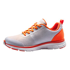 A modern athletic running shoe with orange and white accents isolated on a transparent background