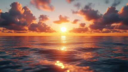 A magnificent sunset over the sea with a vibrant orange sky and sun reflections on the waves