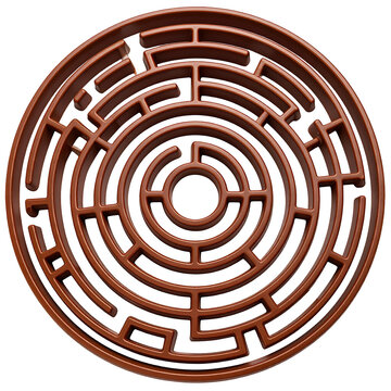 Circular maze design in brown color isolated on a transparent background.