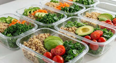 Fresh Meal Prep Containers with Quinoa, Avocado, Vegetables, and Leafy Greens for Healthy Eating and Nutrition