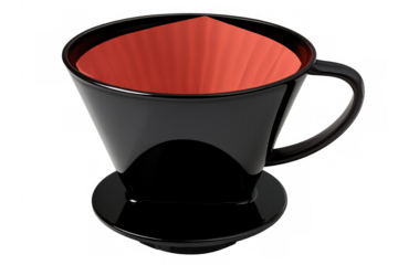 Black pour over coffee maker with red paper filter, isolated on transparent background, ready for brewing