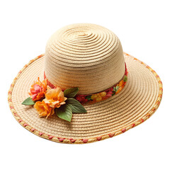 A stylish straw hat adorned with colorful flowers and green leaves, perfect for summer isolated on transparent background