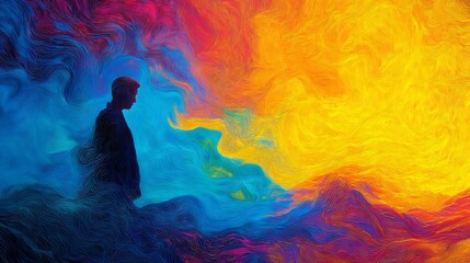 silhouette of a person melting into vibrant color waves, representing emotional resonance, luminous abstract field of blue, red, and yellow energies 