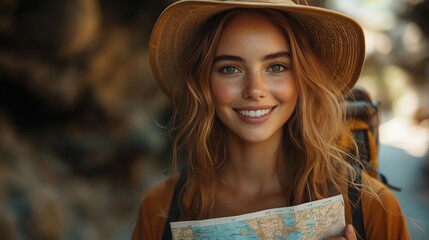 Happy young woman in hat holding map and smiling symbolizing adventure and exploration on journey. Great for tourism, travel, vacation, discovery themes