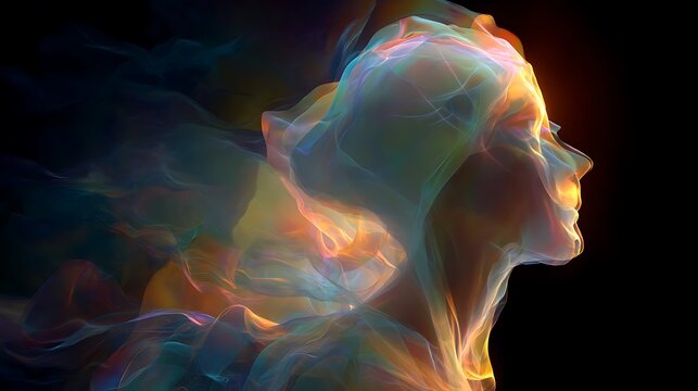 abstract human silhouette with flowing emotional aura, blending colors that pulse with inner states, luminous symbolic art of being 