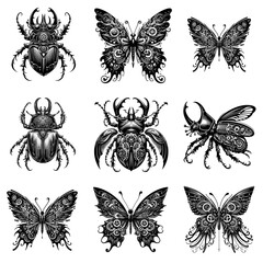 Intricate Insects – Black and White Grid of Beetles and Butterflies

