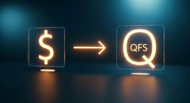 Currency exchange to QFS. A minimal holographic interface shows a dollar sign transforming into a QFS symbol with a simple arrow.