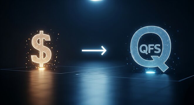 Currency exchange to QFS. A minimal holographic interface shows a dollar sign transforming into a QFS symbol with a simple arrow.