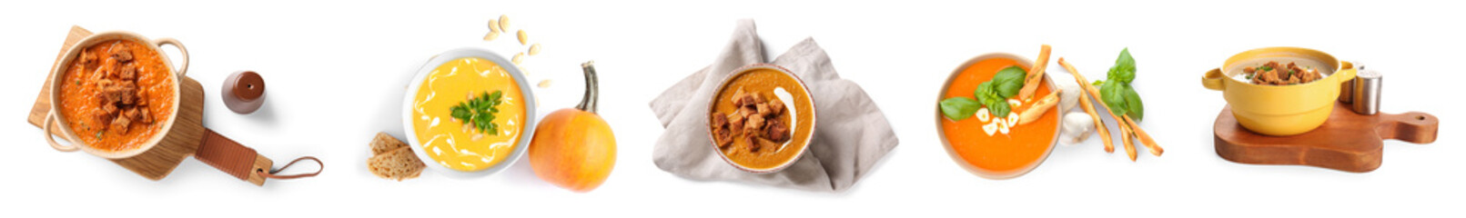 Set of different tasty cream soups on white background