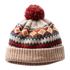 A warm knitted winter beanie hat with a pompom and patterned design isolated on white isolated on transparent background