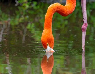 Close-up of a flamingo dipping its head in water