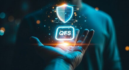Quantum Financial System (QFS) security. A hand shields a glowing QFS coin icon with a holographic shield, symbolizing quantum cryptography.