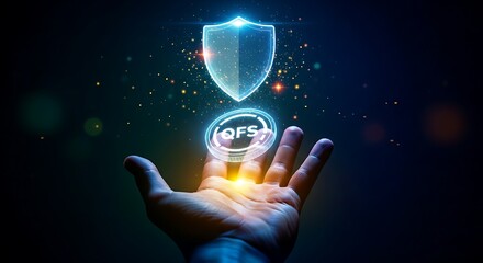 Quantum Financial System (QFS) security. A hand shields a glowing QFS coin icon with a holographic shield, symbolizing quantum cryptography.