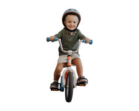 Joyful toddler boy wearing helmet rides a bicycle with a big smile, mastering balance and independence. - Powered by Adobe