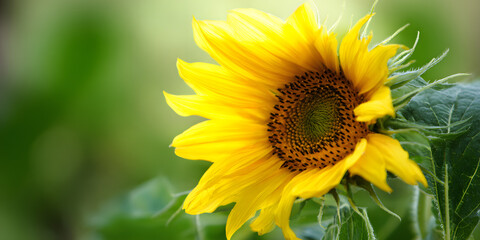 Obraz premium Radiant Sunflower: A vibrant sunflower in full bloom, displaying its sunny face, with intricate details of its petals and center, creating a close-up of nature's beauty.