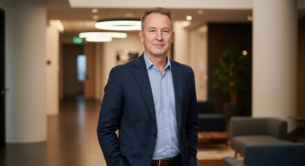Fototapeta premium Professional businessman standing confidently in modern office interior with soft lighting, business attire, and clean lines, conveying success and leadership qualities.