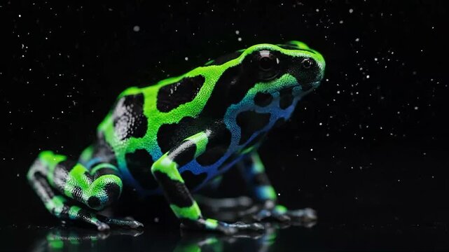 A green and black poison dart frog with blue markings sits on a reflective surface against a dark background