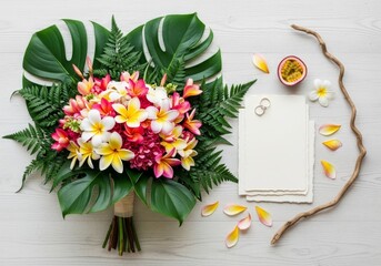 Elegant tropical flat lay mockup of weedding invitations. Honeymoon theme. Bouquet of frangipani (plumeria) flowers and palm leaves on rustic white wooden background. 