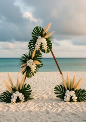 Modern triangular tropical wedding arch, decorated with lush jungle florals, stands on sand on sea background. Image for themes of love, marriage, luxury travel, dream celebrations. Romantic backdrop 