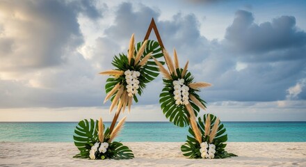 Modern triangular tropical wedding arch, decorated with lush exotic florals, stands on sand on sea background. Image for themes of love, marriage, luxury travel, dream celebrations. Romantic backdrop 