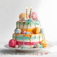 Colorful two-tiered birthday cake with drip icing, macarons, meringues, and sprinkles, perfect for festive celebration themes.
