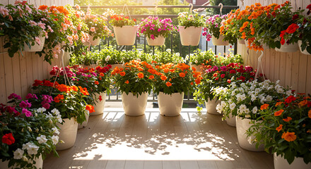 Fototapeta premium Hanging planters filled with colorful flowers on a sunny balcony, with soft leaf shadows on the floor