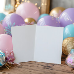 Blank folded card mockup with pastel and gold balloons on rustic wooden table, ideal for birthday or party invitation designs.
