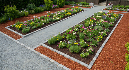 Fototapeta premium Aerial view of a symmetrical garden with well-defined flower beds, surrounded by decorative stones and pine bark mulch