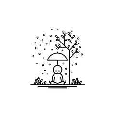 Person meditating under an umbrella near a tree with falling snow in a minimalist line art style