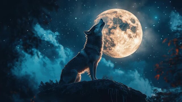 Lone wolf howling at full moon against starry night sky