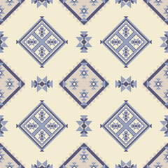Seamless Tribal Geometric Pattern with Diamond Motifs in Neutral Blue Tones. Designed in soft beige and blue tones, ideal for textiles, wrapping paper, and digital backgrounds.