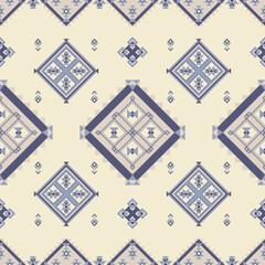 Seamless Tribal Geometric Pattern with Diamond Motifs in Neutral Blue Tones. Designed in soft beige and blue tones, ideal for textiles, wrapping paper, and digital backgrounds.