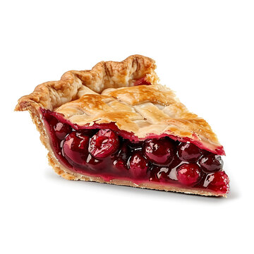A slice of cherry pie with a golden crust and juicy red filling