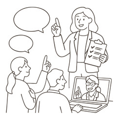 Group discussion with presenter and virtual participant sharing ideasline art illustration