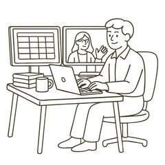 Person working at desk with two monitors, engaging in video call.line art illustration