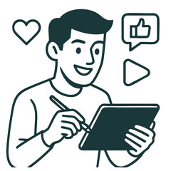 Creating digital art, happy expression, tablet user, social medialine art illustration