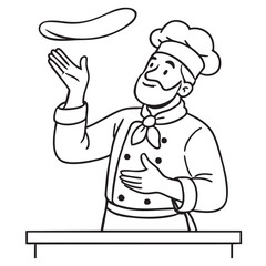 Chef tossing dough in air, showcasing culinary skills and joy.line art illustration