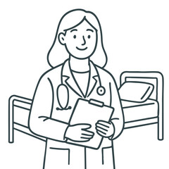 Healthcare professional holding clipboard in hospital settingline art illustration