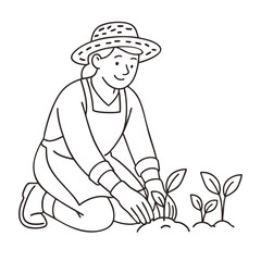 Gardener planting seedlings in soil, nurturing growth and nature.line art illustration