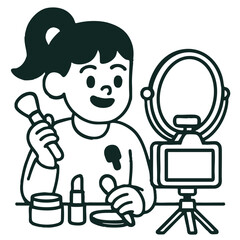 Cheerful person applying makeup in front of mirrorline art illustration